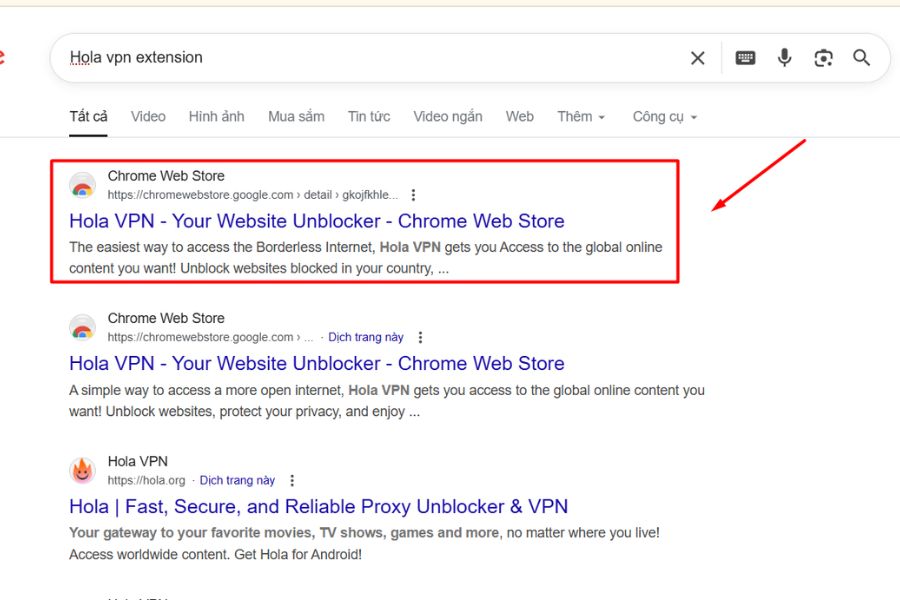 Tìm kiếm công cụ VPN trên trình duyệt