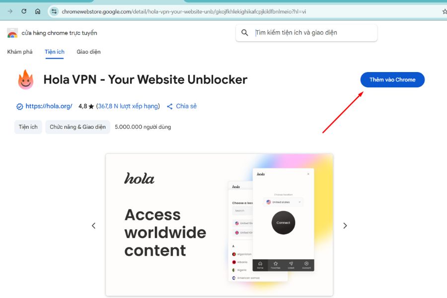 Cài đặt tiện ích VPN vào Chrome